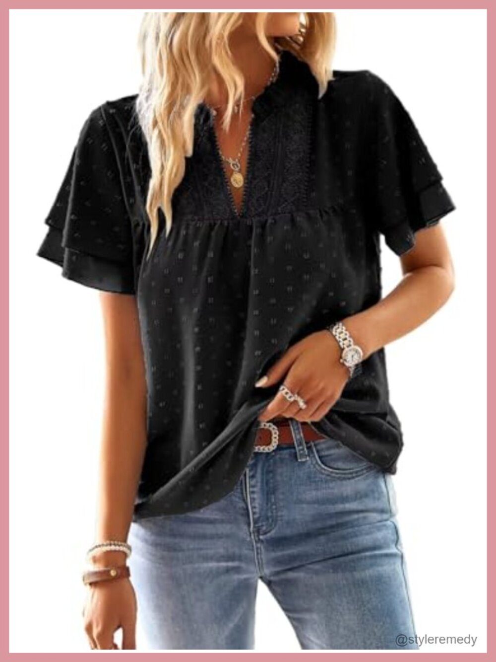 Womens V Neck Crochet Lace Blouse Short Sleeve Swiss Dots Top